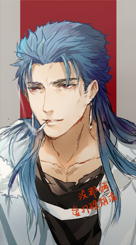 1boy blue_hair capelet changye cigarette cu_chulainn_(caster)_(fate) cu_chulainn_(fate) earrings facial_hair fate/grand_order fate_(series) fur-trimmed_hood fur_trim hood hooded_capelet jewelry limited_palette long_hair male_focus older palette_(object) red_eyes solo stubble