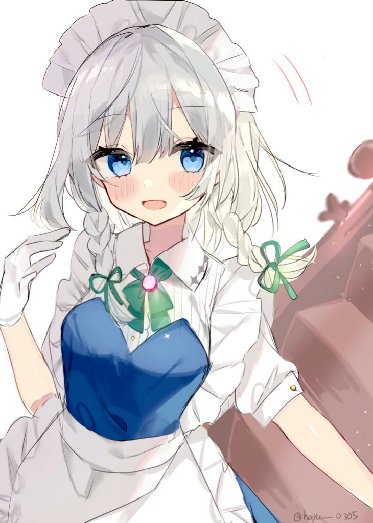1girl apron bangs blue_dress blue_eyes blush bow bowtie braid breasts collared_shirt dress eyebrows_visible_through_hair eyes_visible_through_hair gem gloves green_bow green_bowtie grey_hair hair_between_eyes hair_bow hand_up izayoi_sakuya jewelry looking_to_the_side maid maid_headdress medium_breasts open_mouth puffy_short_sleeves puffy_sleeves shirt short_hair short_sleeves simple_background smile solo stairs touhou twin_braids white_apron white_background white_gloves white_shirt yumeno_ruruka
