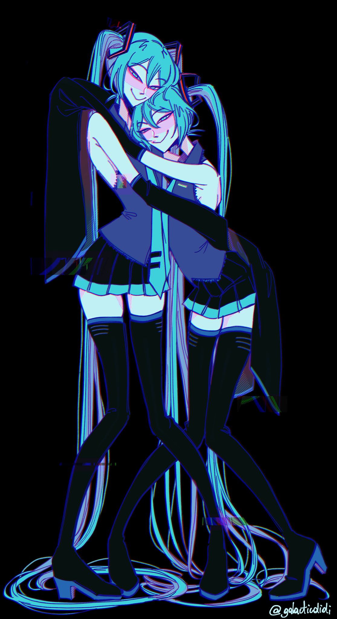 2girls absurdly_long_hair black_background black_footwear black_skirt blue_eyes blue_hair blue_necktie blush boots collared_shirt detached_sleeves didi_(galacticdidi) english_commentary glitch grey_shirt hatsune_miku highres hug long_hair looking_at_viewer multiple_girls necktie shirt skirt sleeveless sleeveless_shirt sleeves_past_fingers sleeves_past_wrists smile standing thigh-highs thigh_boots twintails twitter_username very_long_hair vocaloid