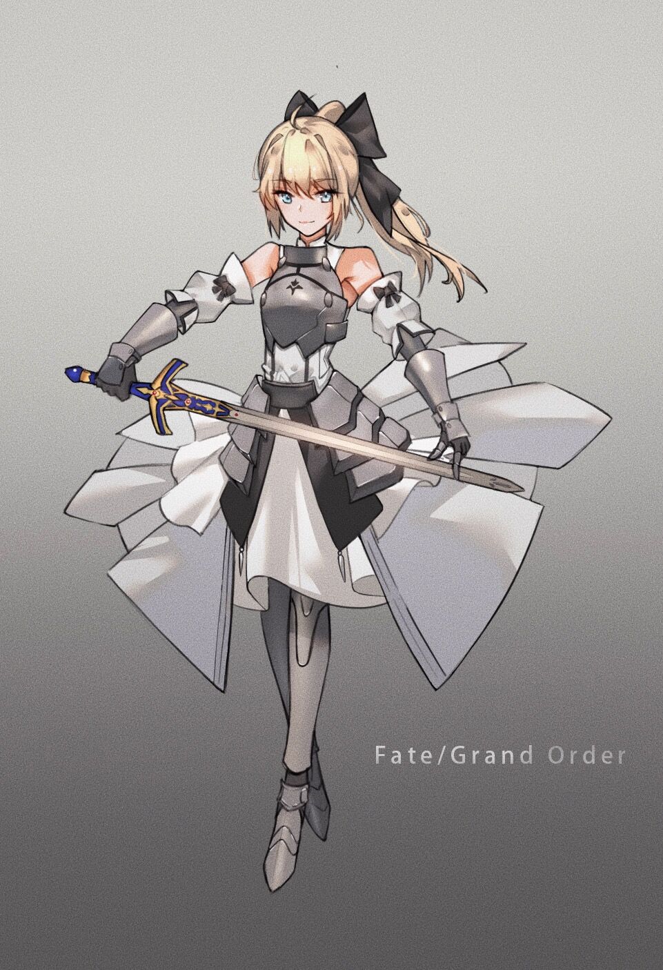1girl armor armored_boots armored_dress artoria_pendragon_(all) bangs bare_shoulders black_bow blonde_hair boots bow caliburn detached_sleeves dress eyelashes fate/grand_order fate/unlimited_codes fate_(series) faulds from_behind full_body garter_straps gauntlets godmushroom green_eyes hair_bow high_heel_boots high_heels holding holding_sword holding_weapon legs_apart long_hair looking_at_viewer parted_lips profile projected_inset puffy_sleeves saber_lily short_dress solo standing sword thigh-highs weapon white_background white_dress white_legwear