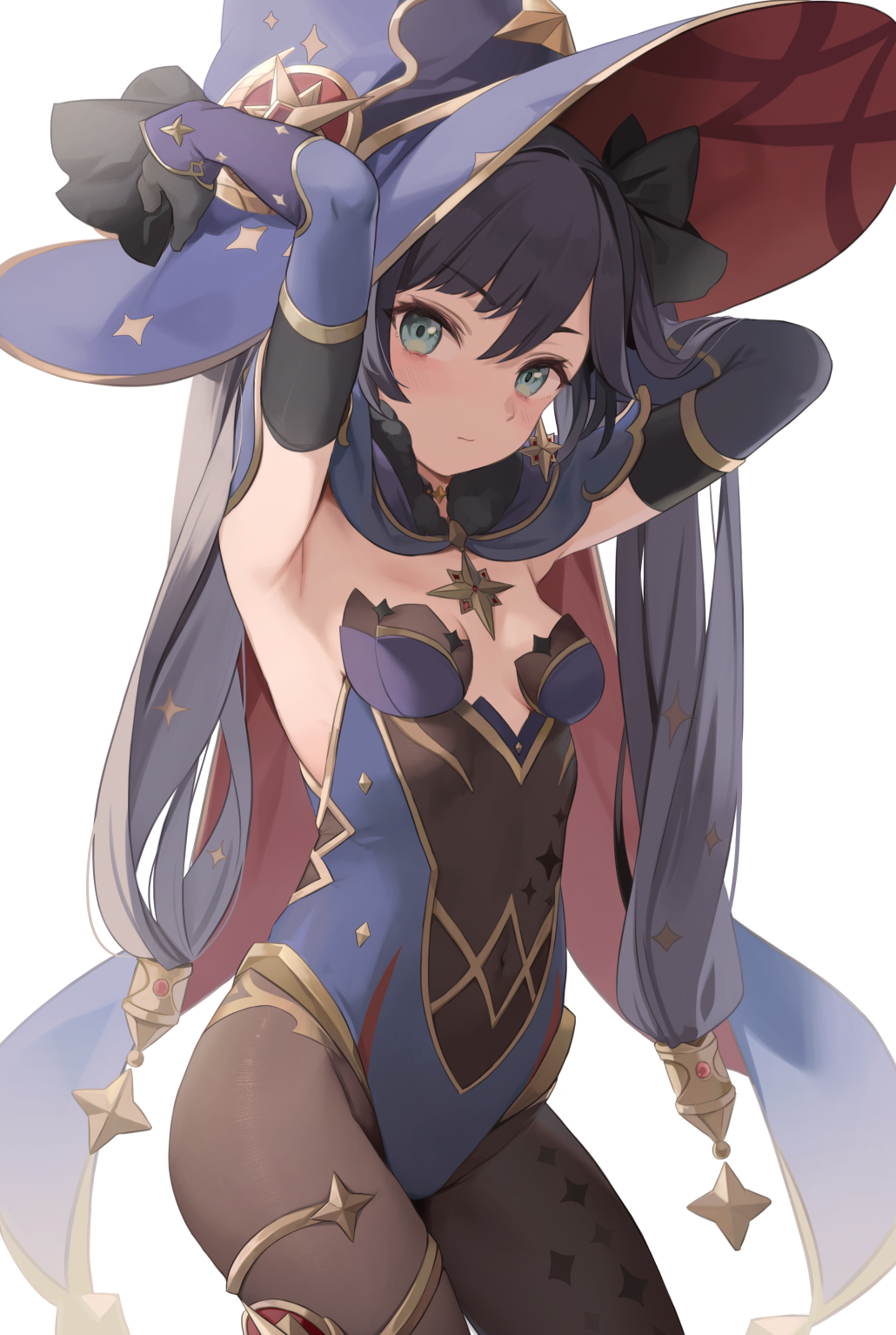 1girl armpits arms_up black_hair blue_eyes blue_headwear blue_leotard bow breasts brown_legwear cape cowboy_shot detached_sleeves genshin_impact gold_trim hair_bow hat highleg highleg_leotard highres kurige_horse leotard long_hair long_sleeves looking_at_viewer mona_(genshin_impact) pantyhose simple_background small_breasts solo standing strapless strapless_leotard twintails v-shaped_eyebrows very_long_hair white_background witch_hat