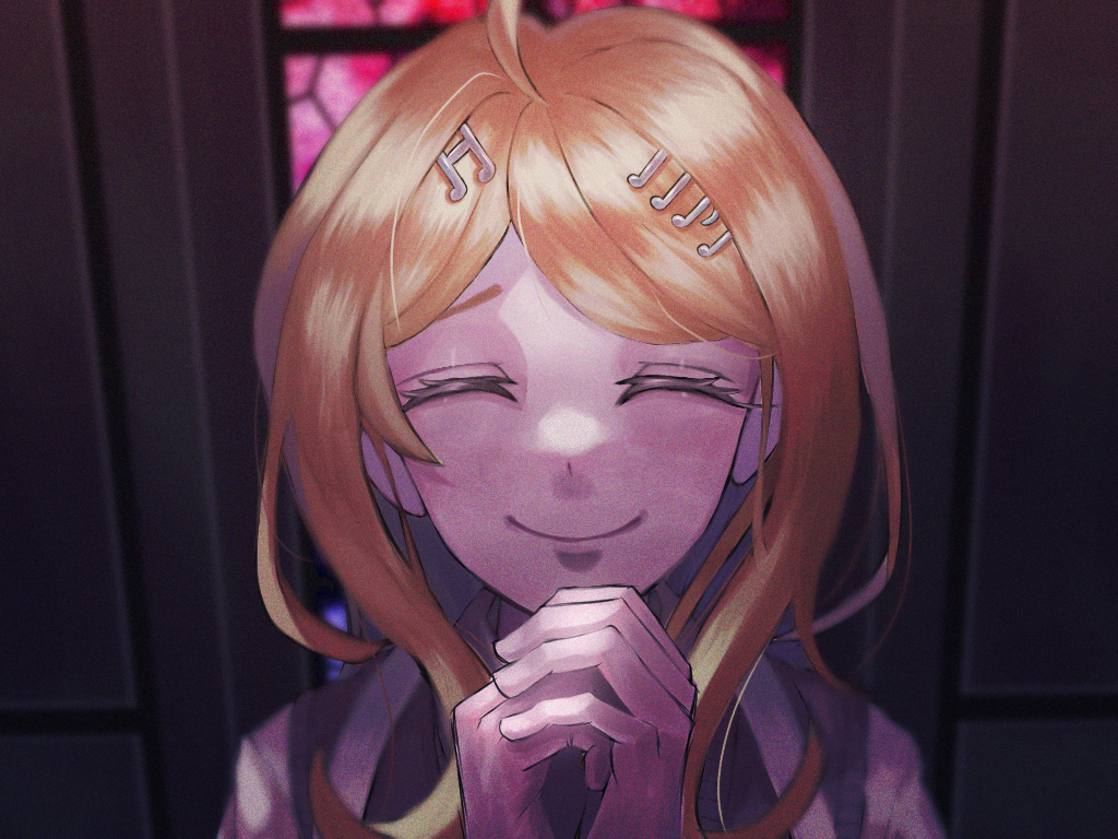 1girl ahoge akamatsu_kaede bangs blonde_hair closed_eyes closed_mouth commentary_request danganronpa_(series) danganronpa_v3:_killing_harmony facing_viewer grey_shirt hair_ornament hands_up iwashi_(kamekazusa) long_hair musical_note_hair_ornament own_hands_together pink_vest portrait shiny shiny_hair shirt smile solo vest