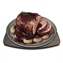 artist_request carrot commentary cutting_board english_commentary food food_focus garnish genshin_impact lowres meat muted_color no_humans official_art plate sauce still_life third-party_source transparent_background