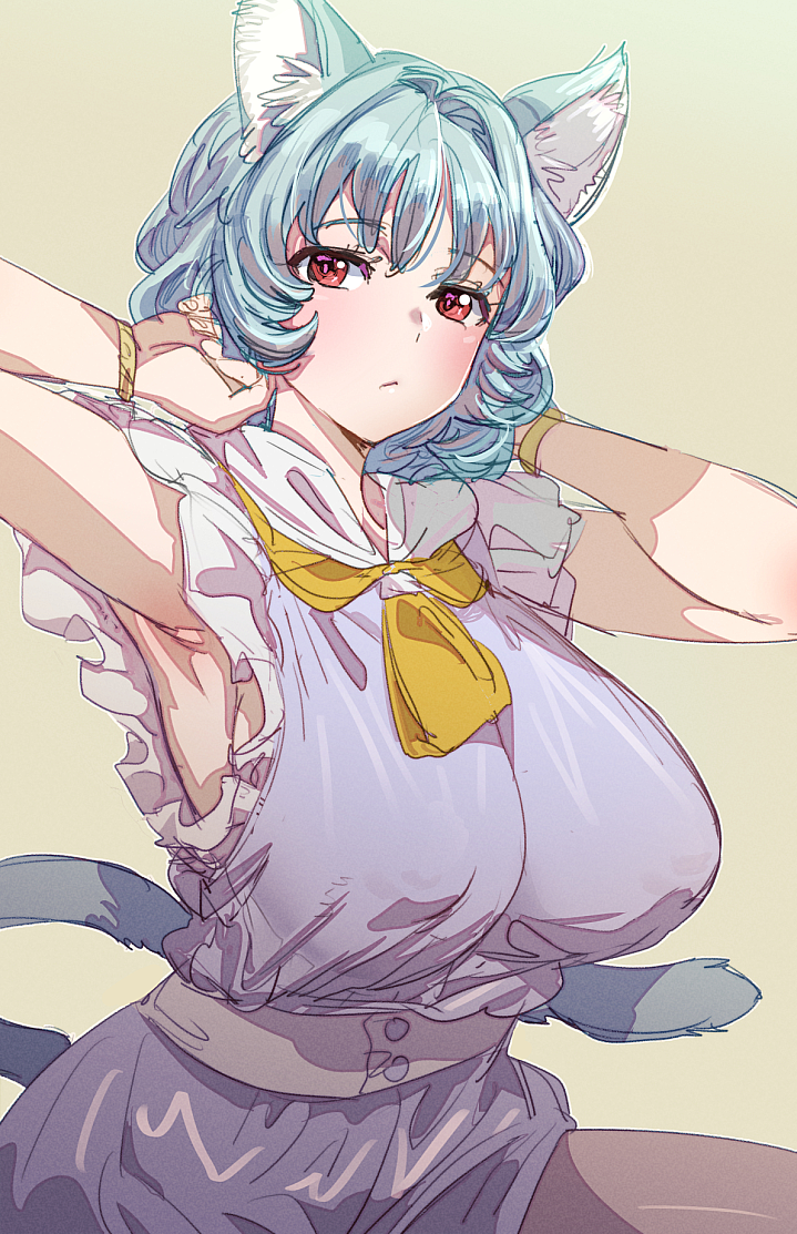 1girl animal_ear_fluff animal_ears armpits belt blue_hair blush bow_(bhp) bracelet breasts cat_ears cat_girl cat_tail closed_mouth dress jewelry large_breasts looking_at_viewer original purple_dress red_eyes simple_background sleeveless sleeveless_dress solo tail