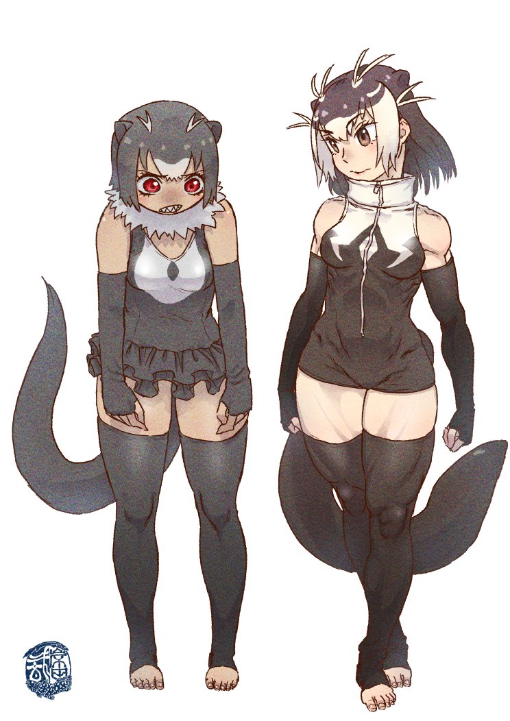 2girls animal_ears antenna_hair arms_at_sides artist_logo bangs bare_shoulders borrowed_character brown_eyes brown_hair closed_mouth elbow_gloves extra_ears eyebrows_visible_through_hair fingerless_gloves frilled_swimsuit frills fur_collar giant_otter_(kemono_friends) giant_otter_(kemono_friends)_(kuro_(kurojill)) gloves grey_hair kemono_friends kishida_shiki looking_at_another looking_down medium_hair multicolored_hair multiple_girls one-piece_swimsuit original otter_ears otter_girl otter_tail red_eyes sharp_teeth short_hair simple_background standing swimsuit tail tan teeth thigh-highs toeless_legwear toenails toes two-tone_hair walking white_background white_hair zipper zipper_pull_tab