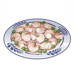 artist_request commentary english_commentary food food_focus genshin_impact lowres muted_color no_humans official_art peas plate shrimp still_life third-party_source transparent_background
