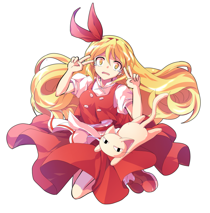 1boy 1girl alphes_(style) animal bangs blonde_hair breasts buttons cat commentary_request dairi double_v ellen_(touhou) eyebrows eyebrows_visible_through_hair full_body hair_between_eyes hairband loafers long_hair looking_at_viewer medium_breasts open_mouth parody pet puffy_short_sleeves puffy_sleeves red_footwear red_hairband red_ribbon red_shirt red_skirt ribbon shirt shoes short_sleeves skirt skirt_set smile socks sokrates_(touhou) style_parody tears tongue touhou touhou_(pc-98) transparent_background undershirt v white_cat white_legwear white_shirt yellow_eyes