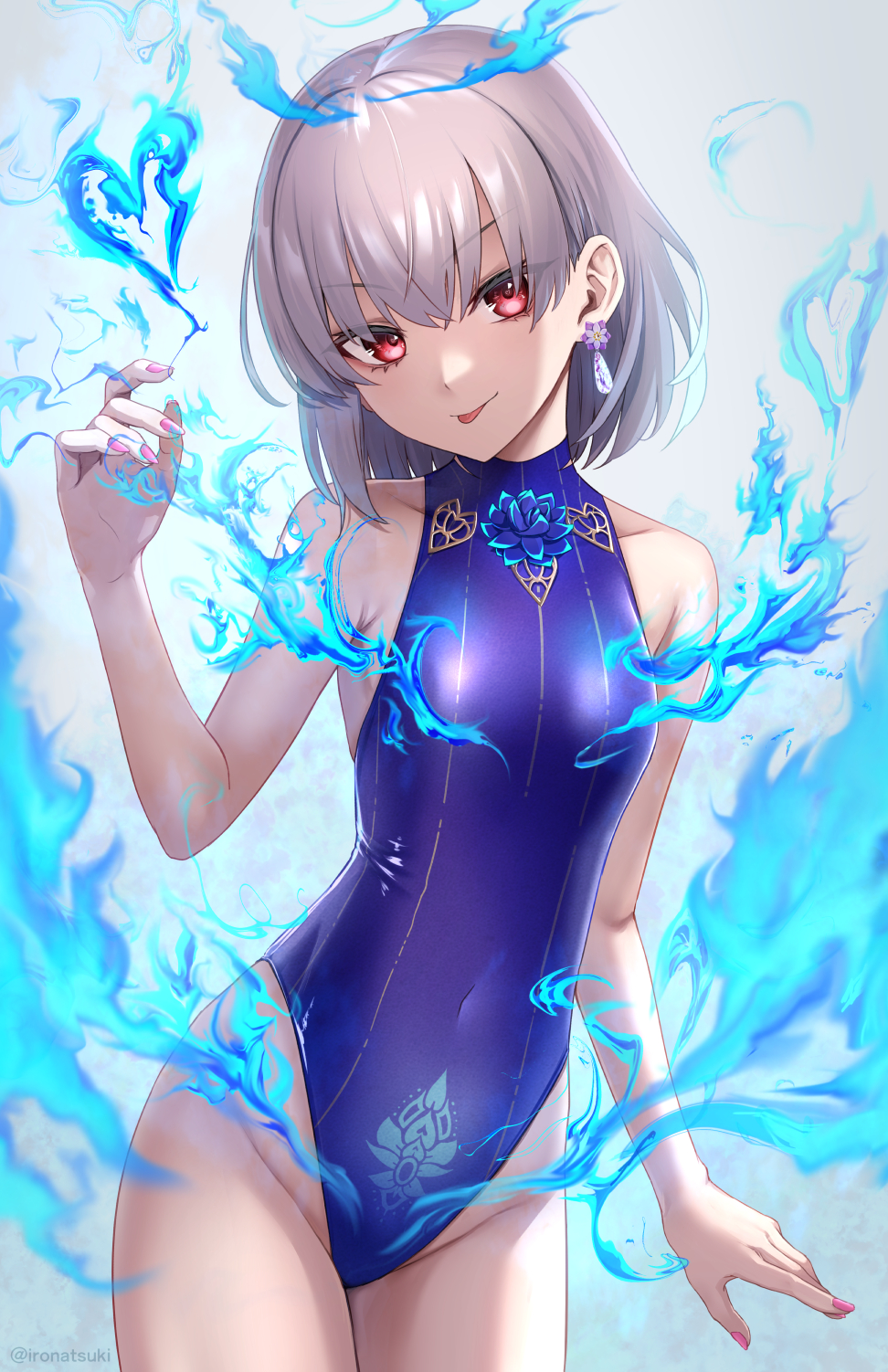 1girl bangs bare_shoulders blue_fire blush fate/grand_order fate_(series) fire highres ironatsuki kama_(fate) kama_(swimsuit_avenger)_(fate) looking_at_viewer one-piece_swimsuit red_eyes short_hair silver_hair smile solo swimsuit thighs tongue tongue_out