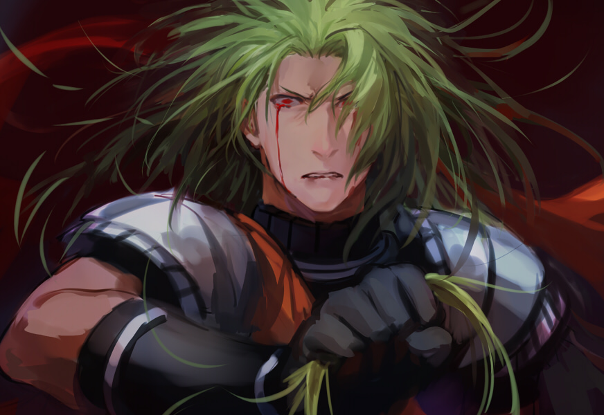 1boy achilles_(fate) blood blood_from_eyes blood_on_face changye fate/grand_order fate_(series) gloves green_hair hair_down holding holding_hair long_hair male_focus messy_hair red_eyes solo