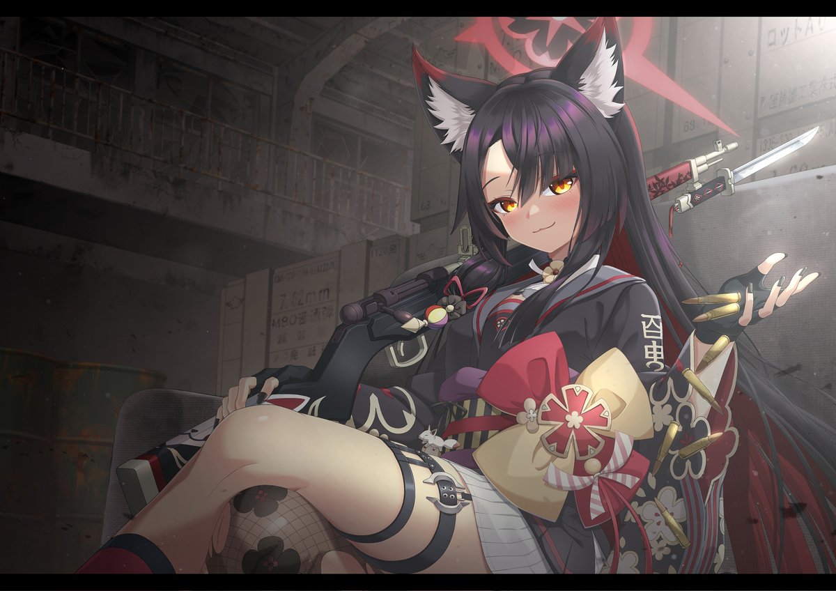 1girl :3 animal_ear_fluff animal_ears arisaka bayonet black_hair black_nails blue_archive blush bolt_action bullet crate drum_(container) feet_out_of_frame fox_ears gun halo japanese_clothes kido_airaku over_shoulder rifle solo thigh_strap wakamo_(blue_archive) weapon weapon_over_shoulder yellow_eyes