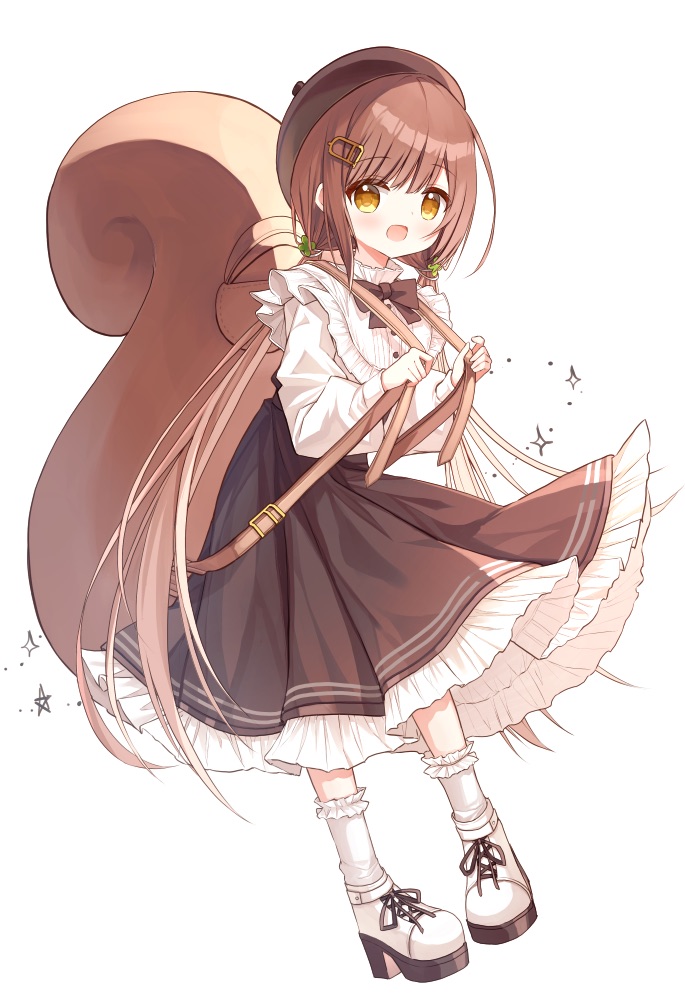 :d backpack bag bangs beret blush brown_eyes brown_hair brown_headwear brown_skirt commentary_request eyebrows_visible_through_hair frilled_legwear frilled_skirt frills full_body hair_ornament hairclip hat high_heels long_hair long_sleeves looking_at_viewer original pleated_skirt puffy_long_sleeves puffy_sleeves shirt shoes simple_background skirt sleeves_past_wrists smile sparkle squirrel_girl_(yuuhagi_(amaretto-no-natsu)) squirrel_tail star_(symbol) tail very_long_hair white_background white_footwear white_legwear white_shirt yuuhagi_(amaretto-no-natsu)