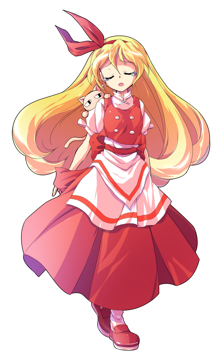 1girl alphes_(style) animal animal_on_shoulder apron arms_behind_back bangs bare_arms blonde_hair bow breasts buttons cat closed_eyes closed_mouth commentary_request dairi ellen_(touhou) eyebrows eyebrows_visible_through_hair full_body hair_between_eyes hairband highres loafers long_hair long_skirt long_sleeves looking_at_viewer medium_breasts open_mouth parody pet puffy_short_sleeves puffy_sleeves red_bow red_footwear red_hairband red_ribbon red_skirt red_vest ribbon shirt shoes short_sleeves skirt skirt_set sokrates_(touhou) solo standing style_parody tareme tears touhou touhou_(pc-98) transparent_background turtleneck vest waist_apron white_apron white_legwear white_shirt