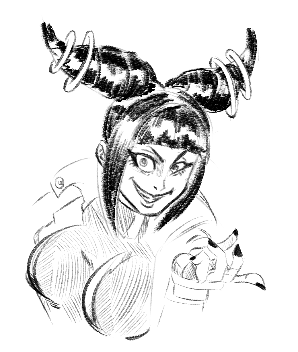 1girl bangs black_hair black_nails blunt_bangs bodysuit breasts capcom drill_hair evil_grin eyeliner female fingerless_gloves funsexydragonball gloves han_juri highres large_breasts looking_at_viewer monochrome nail_polish sidelocks simple_background sketch smile solo street_fighter street_fighter_v twin_drills upper_body white_background wide-eyed