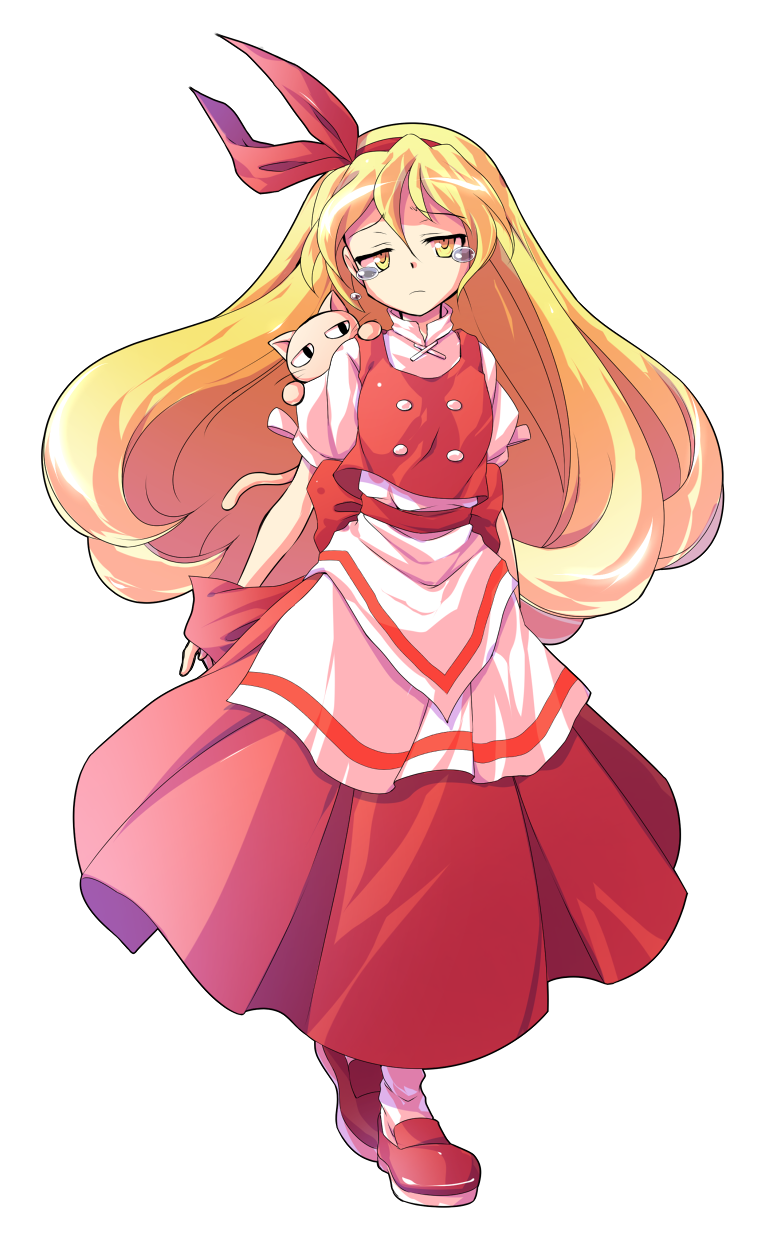 1girl alphes_(style) animal animal_on_shoulder apron arms_behind_back bangs bare_arms blonde_hair bow breasts buttons cat closed_mouth commentary_request crying crying_with_eyes_open dairi ellen_(touhou) eyebrows eyebrows_visible_through_hair full_body hair_between_eyes hairband highres loafers long_hair long_skirt long_sleeves looking_at_viewer medium_breasts parody pet puffy_short_sleeves puffy_sleeves red_bow red_footwear red_hairband red_ribbon red_skirt red_vest ribbon sad shirt shoes short_sleeves skirt skirt_set sokrates_(touhou) solo standing style_parody tareme tears touhou touhou_(pc-98) transparent_background turtleneck vest waist_apron white_apron white_legwear white_shirt yellow_eyes