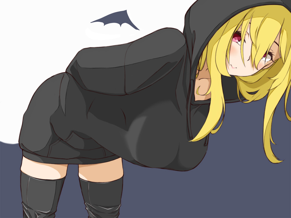 1girl bat_wings black_hoodie black_legwear blonde_hair blush breasts collarbone commentary_request hair_between_eyes hanging_breasts hood hood_up hoodie idolmaster idolmaster_cinderella_girls kurosaki_chitose large_breasts leaning_forward looking_at_viewer motomoufu_(p_blanket) red_eyes smile solo thigh-highs wings