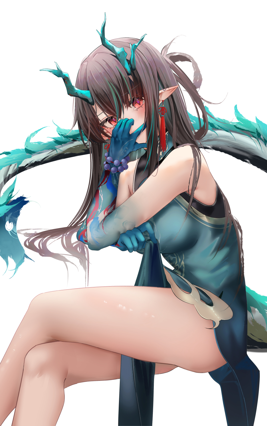 1girl arknights bangs bare_shoulders black_hair blue_dress china_dress chinese_clothes crossed_legs dragon_girl dragon_horns dragon_tail dress dusk_(arknights) dusk_(everything_is_a_miracle)_(arknights) from_side highres horns long_hair looking_at_viewer pelvic_curtain pointy_ears red_eyes ru_zhai simple_background sleeveless sleeveless_dress solo tail thighs white_background