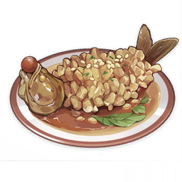 artist_request cherry_tomato commentary english_commentary fish fish_(food) food food_focus garnish genshin_impact leaf lowres muted_color no_humans official_art plate sauce sesame_seeds still_life third-party_source tomato transparent_background