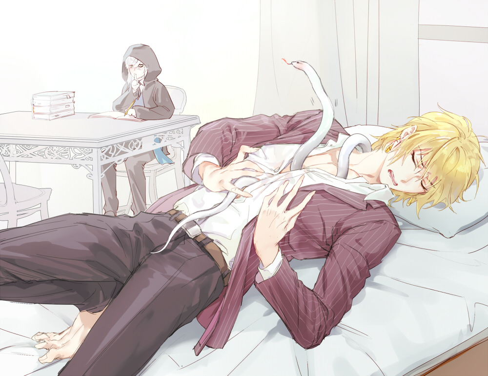 2boys asclepius_(fate) blonde_hair blush book changye fate/grand_order fate_(series) finger_to_mouth green_eyes grimace hair_between_eyes hood jason_(fate) long_hair male_focus multiple_boys on_bed pinstripe_jacket shushing snake table white_hair