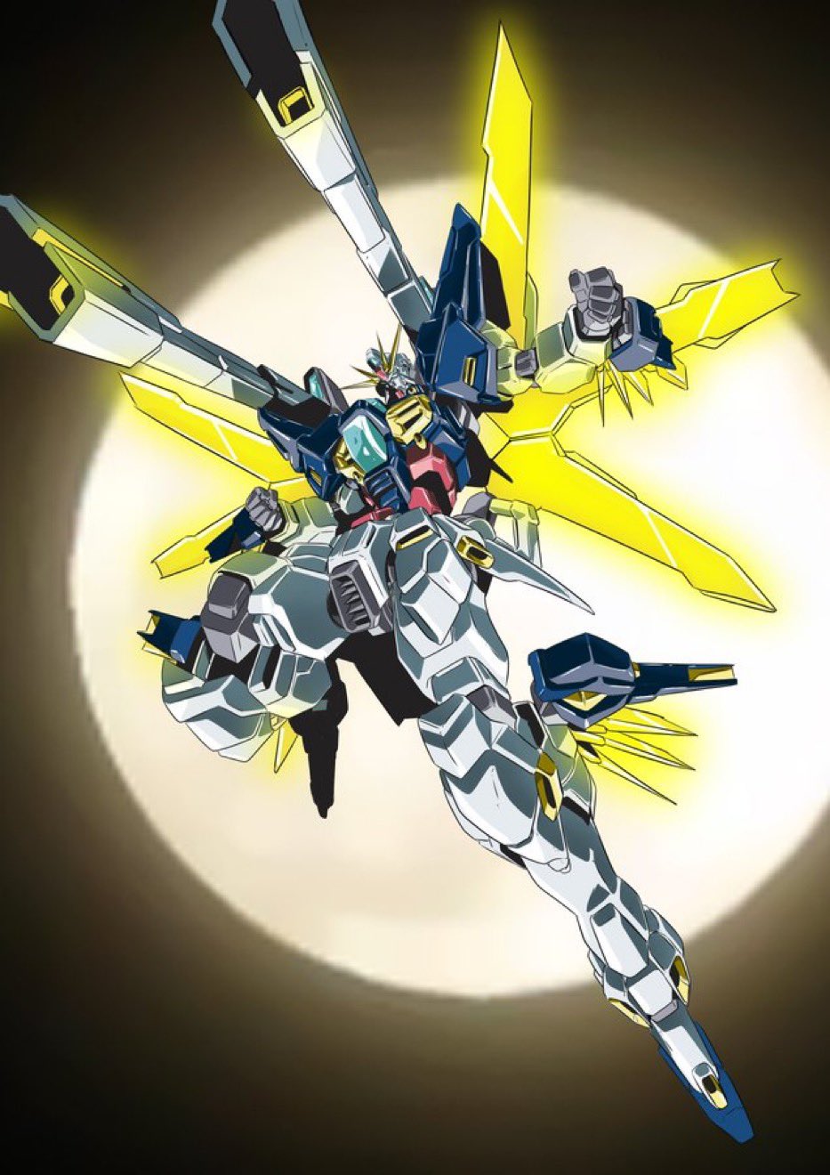 after_war_gundam_x blue_eyes clenched_hands glowing gundam gundam_double_x head_tilt highres looking_down mecha mechanical_wings moon niidan no_humans science_fiction shoulder_cannon solo space v-fin wings