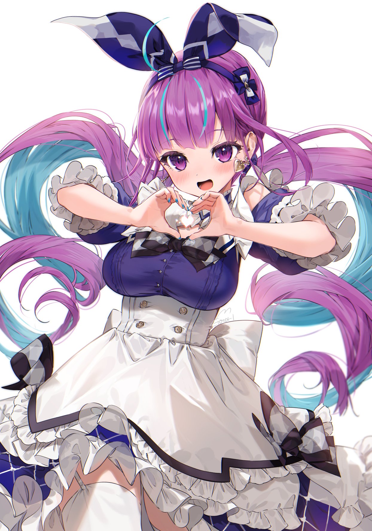 1girl :d apron bangs blue_dress blue_hair blue_hairband blue_nails blush bow_hairband breasts colored_inner_hair commentary cowboy_shot dress drill_hair earrings eyebrows_visible_through_hair frilled_apron frilled_sleeves frills garter_straps gotoh510 hairband heart heart_earrings heart_hands highres hololive jewelry large_breasts long_hair looking_at_viewer minato_aqua multicolored_hair nail_polish purple_hair short_sleeves simple_background smile solo symbol-only_commentary thigh-highs twin_drills twintails two-tone_hair very_long_hair violet_eyes virtual_youtuber white_apron white_background white_legwear