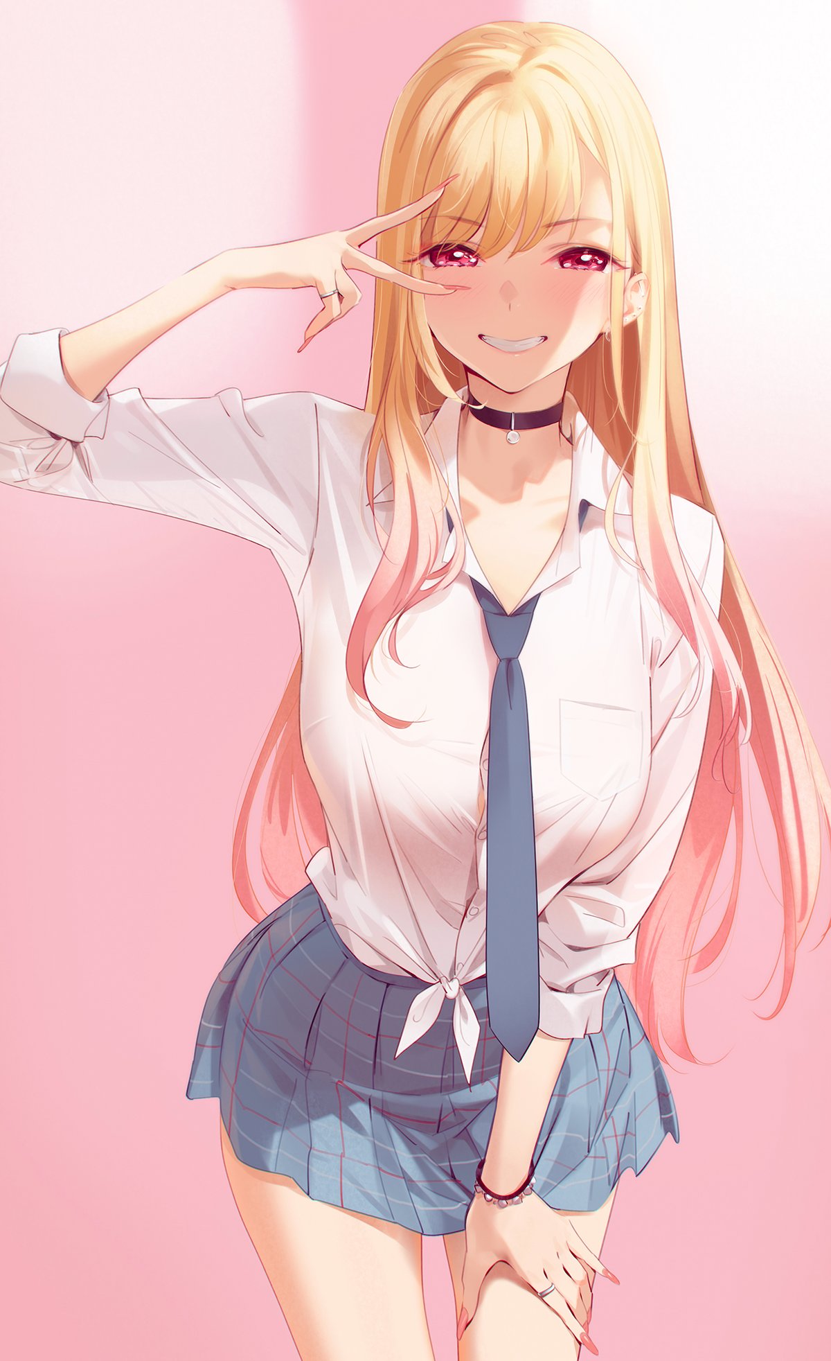 1girl bangs blonde_hair blue_necktie blue_skirt breasts choker ear_piercing eyebrows_visible_through_hair hand_up highres jewelry kitagawa_marin large_breasts long_hair long_sleeves looking_at_viewer necktie parted_lips piercing pink_background red_eyes ring school_uniform shirt shirt_tucked_in simple_background skirt smile solo sono_bisque_doll_wa_koi_wo_suru teeth white_shirt yd_(orange_maru)