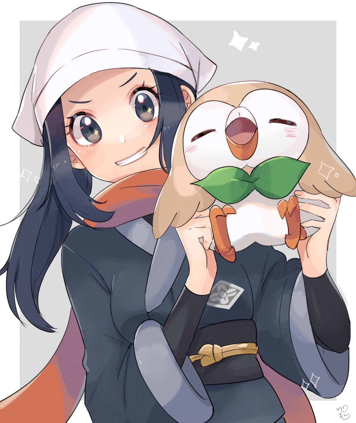 1girl akari_(pokemon) black_hair black_sash black_shirt blush commentary eyelashes grey_eyes grey_jacket grin hands_up head_scarf highres holding holding_pokemon jacket long_hair looking_at_viewer orange_scarf pokemon pokemon_(creature) pokemon_(game) pokemon_legends:_arceus ponytail ririmon rowlet sash scarf shirt sidelocks signature smile sparkle teeth upper_body white_headwear