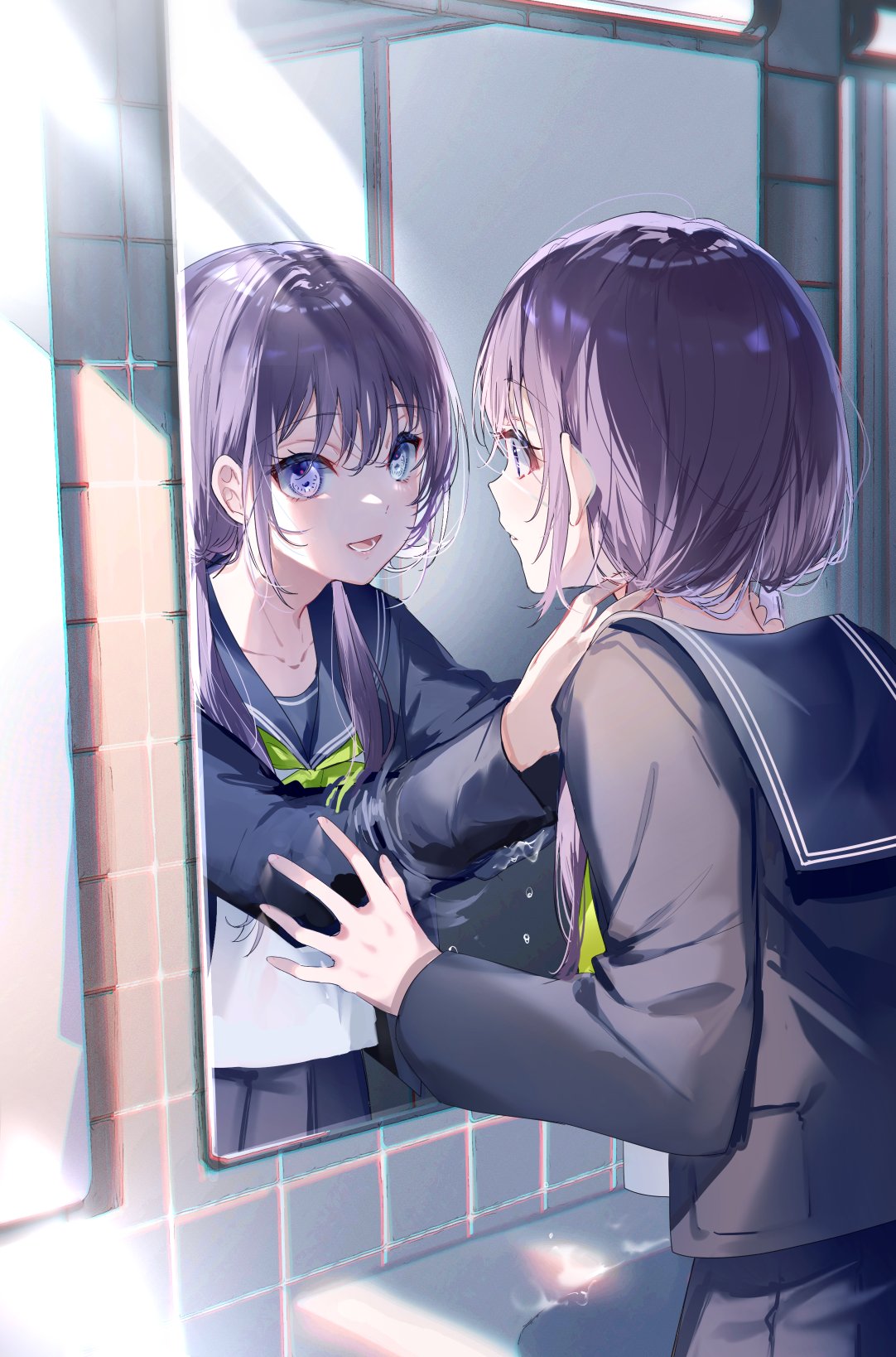 2girls arms_up bangs black_jacket black_sailor_collar black_skirt blush chromatic_aberration clone closed_mouth collarbone commentary_request eyebrows_visible_through_hair green_neckerchief hair_between_eyes hands_on_another's_neck highres jacket long_hair long_sleeves looking_at_another low_twintails mirror miwano_ragu multiple_girls neckerchief open_mouth original pleated_skirt purple_hair reaching_out ripples sailor_collar school_uniform serafuku shirt skirt smile through_mirror twintails upper_body violet_eyes water white_shirt
