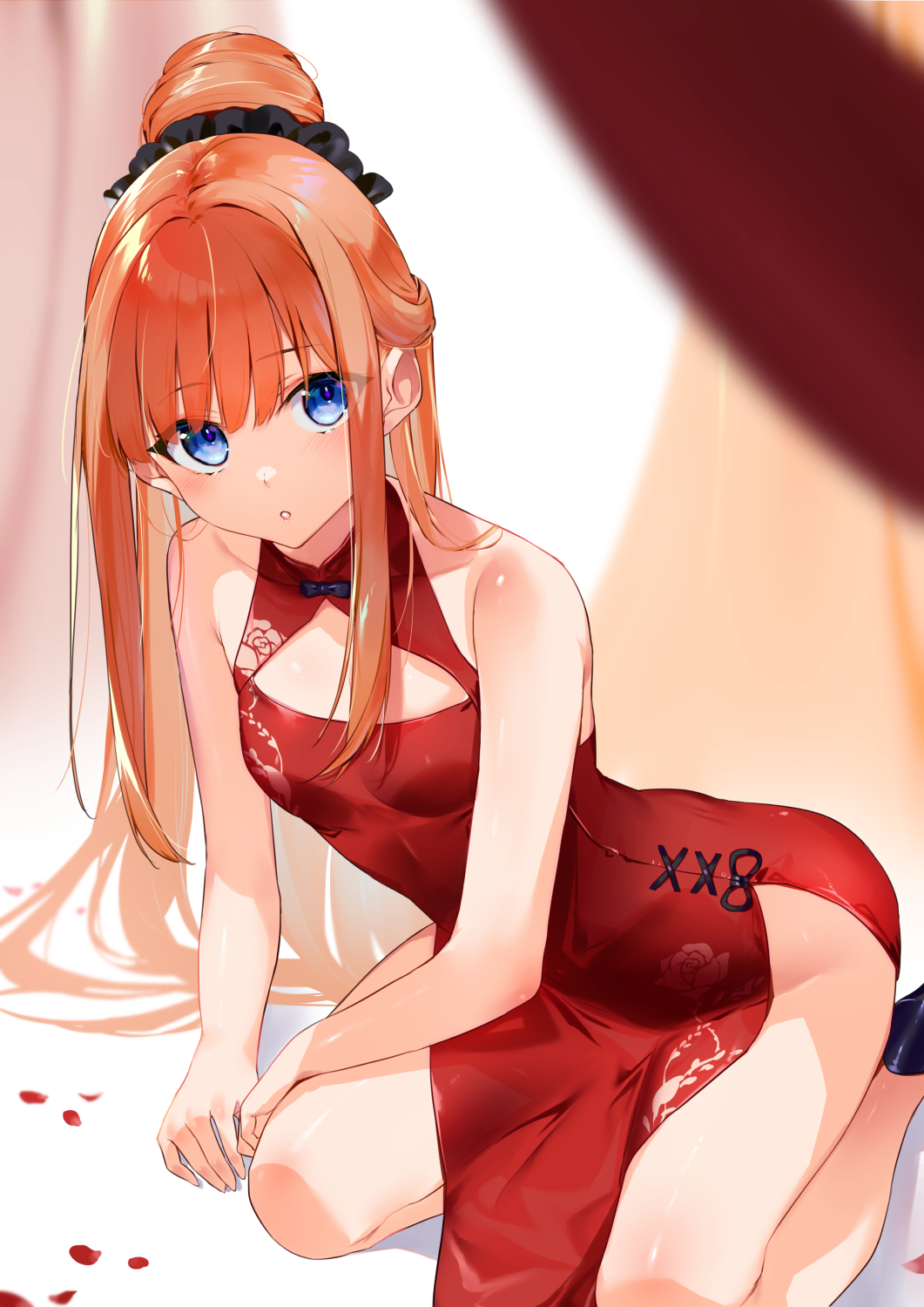 1girl :o bare_arms bare_shoulders blue_eyes breasts china_dress chinese_clothes cleavage_cutout clothing_cutout commission dress groin hair_bun highres hood hood_up indie_virtual_youtuber kasumi_komo kneeling leaning_forward long_hair looking_at_viewer nanase_crim no_panties orange_hair petals red_dress side_slit skeb_commission sleeveless sleeveless_dress small_breasts solo virtual_youtuber
