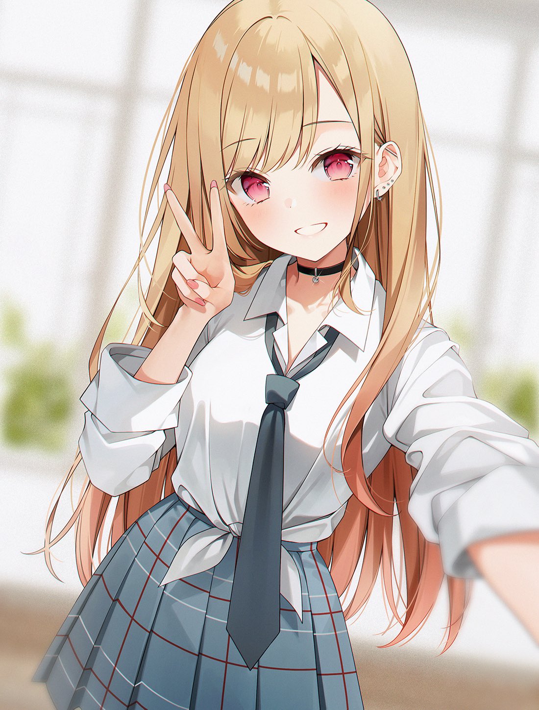 1girl blonde_hair blurry blurry_background blush breasts ear_piercing earrings hands_up highres jewelry kitagawa_marin long_hair looking_at_viewer medium_breasts piercing red_eyes school_uniform smile solo sono_bisque_doll_wa_koi_wo_suru v weri