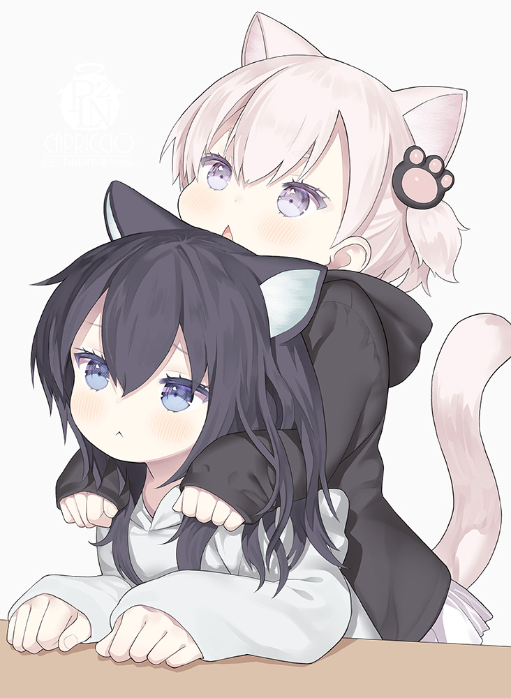 2girls :&lt; animal_ears bangs black_hair black_hoodie blue_eyes capriccio cat_ears cat_girl cat_tail chestnut_mouth commentary_request extra_ears hair_between_eyes hands_on_another's_shoulders hood hood_down hoodie long_hair long_sleeves looking_away multiple_girls open_mouth original paw_hair_ornament simple_background skirt sleeves_past_wrists tail violet_eyes white_background white_hair white_hoodie white_skirt