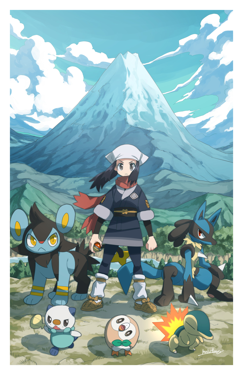 1girl akari_(pokemon) black_hair black_legwear black_shirt border brown_footwear clouds commentary_request cyndaquil day grey_jacket grey_skirt highres holding holding_poke_ball jacket long_hair loose_socks lucario luxio makoto_ikemu mountain oshawott outdoors pantyhose poke_ball pokemon pokemon_(creature) pokemon_(game) pokemon_legends:_arceus ponytail rowlet scarf shirt shoes sidelocks skirt sky standing white_border white_headwear white_legwear