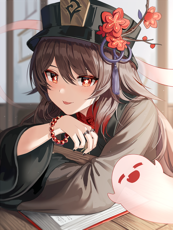 1girl :p bangs bead_bracelet beads black_headwear black_nails blush book bracelet brown_hair brown_shirt chinese_clothes commentary crossed_arms flower flower-shaped_pupils genshin_impact ghost hair_between_eyes hat hat_flower hitodama hu_tao_(genshin_impact) indoors jewelry long_hair long_sleeves looking_at_viewer multiple_rings nail_polish open_book plum_blossoms porkpie_hat red_eyes red_flower ring shirt silence_girl sitting solo symbol-shaped_pupils tongue tongue_out upper_body wooden_table