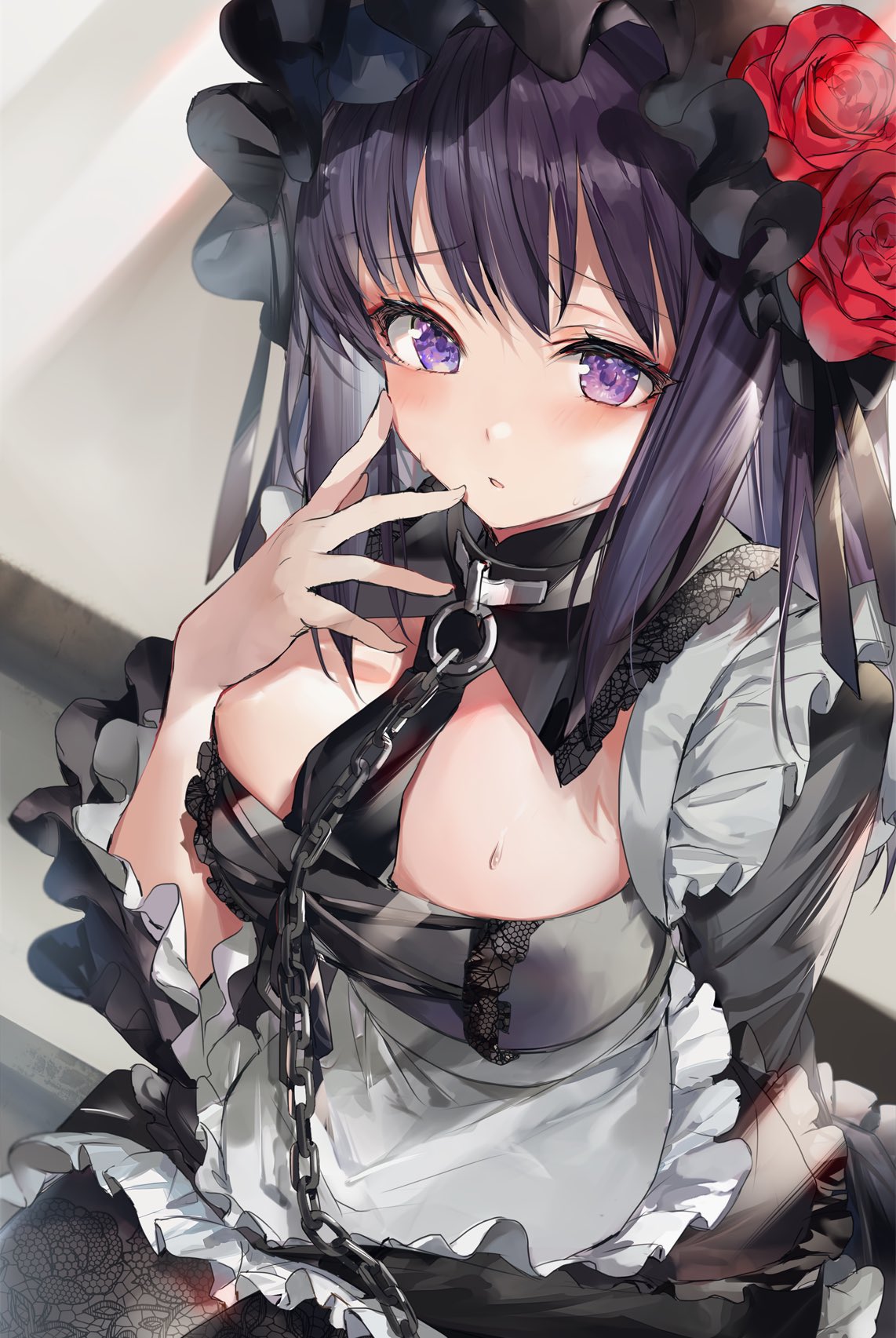 1girl bangs blush chain cosplay dress eyebrows_visible_through_hair from_above gothic_lolita highres hinahino kitagawa_marin lolita_fashion long_hair looking_at_viewer purple_hair solo sono_bisque_doll_wa_koi_wo_suru violet_eyes