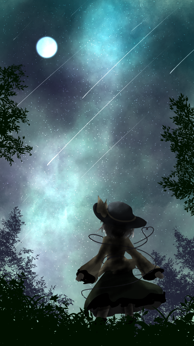 1girl black_headwear blouse boots from_behind green_skirt hat heart heart_of_string komeiji_koishi landscape leaf long_sleeves moon outdoors shooting_star short_hair silver_hair skirt sky solo star_(sky) starry_sky touhou tree wavy_hair wide_sleeves yellow_blouse yulianess
