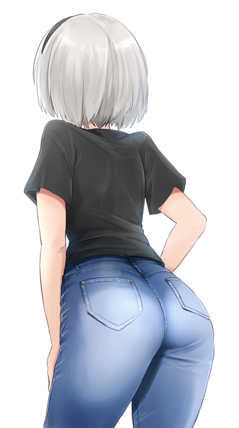 1girl alternate_costume ass black_hairband black_shirt blue_pants casual denim hairband highres jeans kitayama_miuki nier_(series) nier_automata pants pocket shirt short_hair silver_hair simple_background solo t-shirt white_background yorha_no._2_type_b