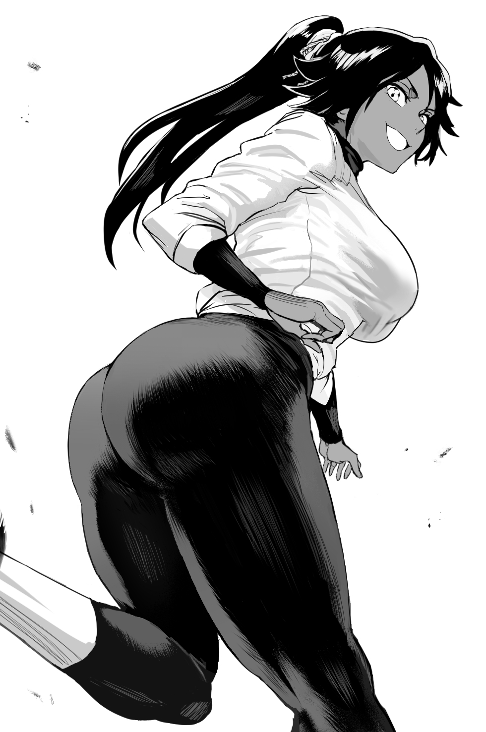 1girl ass bleach breasts daraz18aka dark-skinned_female dark_skin feet_out_of_frame from_behind from_side greyscale highres long_hair looking_at_viewer looking_back medium_breasts monochrome open_mouth pants ponytail running scrunchie shihouin_yoruichi shirt simple_background smile solo thick_thighs thighs tight tight_pants white_background