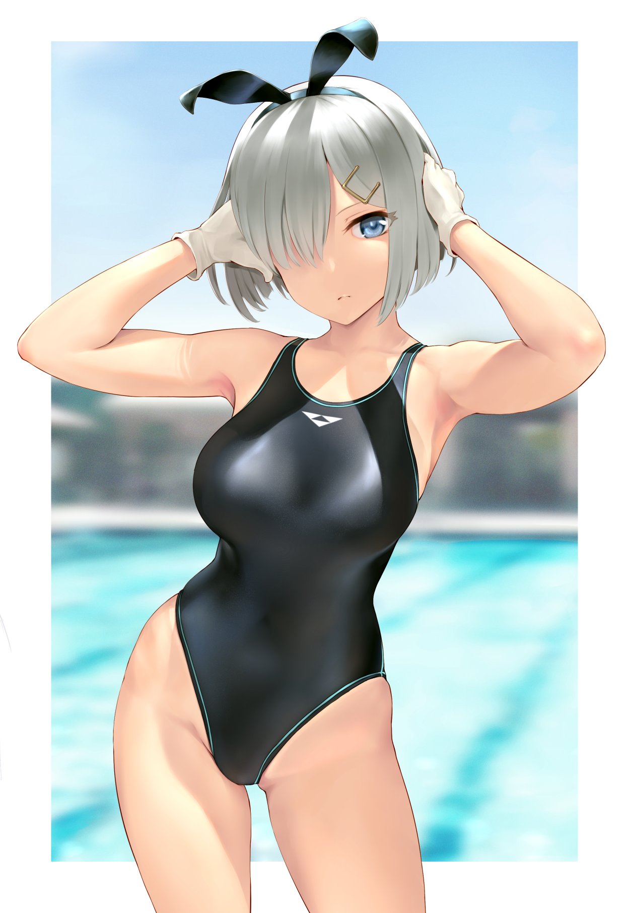 1girl animal_ears blue_eyes blue_swimsuit breasts collarbone competition_swimsuit cowboy_shot fake_animal_ears gloves hair_ornament hair_over_one_eye hairclip hamakaze_(kancolle) highres kantai_collection large_breasts looking_at_viewer neckerchief one-piece_swimsuit outdoors pool rabbit_ears short_hair silver_hair solo swimsuit wa_(genryusui) water white_gloves yellow_neckerchief