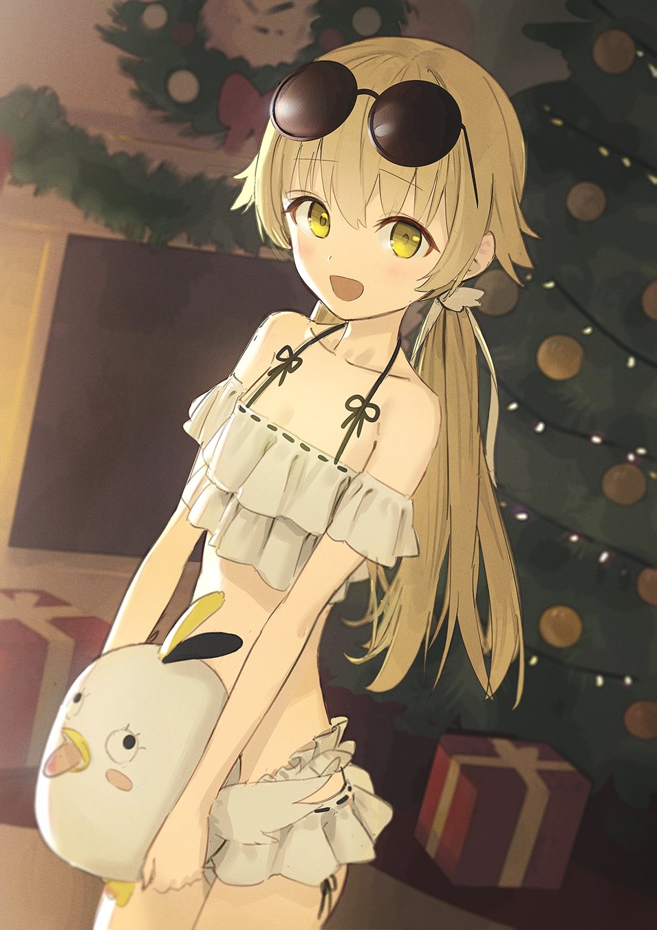 1girl :d bikini blonde_hair blue_archive christmas_tree cowboy_shot fireplace frilled_bikini frills hifumi_(blue_archive) highres holding indoors long_hair looking_at_viewer low_twintails official_alternate_costume open_mouth round_eyewear smile solo sunglasses swimsuit twintails wasabi60 white_bikini yellow_eyes