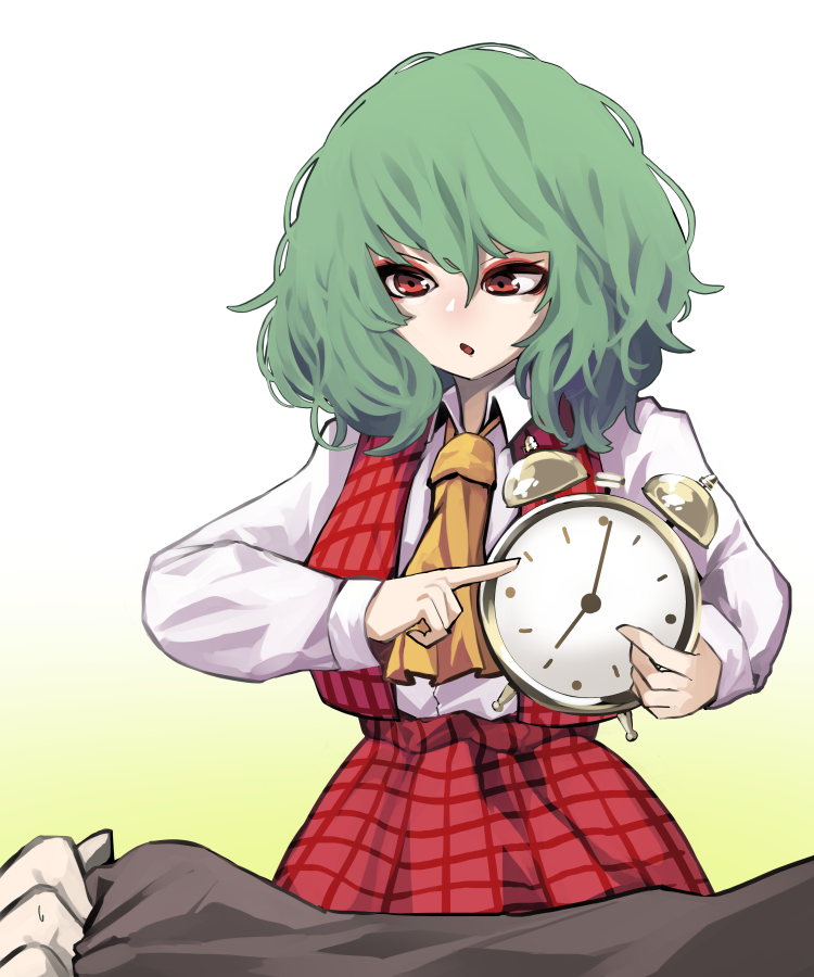 1girl alarm_clock ascot clock collared_shirt eyeshadow gradient gradient_background green_background green_hair holding kazami_yuuka long_skirt long_sleeves makeup mandarok1149 plaid plaid_skirt plaid_vest pointing red_eyes red_eyeshadow red_skirt red_vest shirt short_hair skirt skirt_set touhou vest white_shirt yellow_ascot