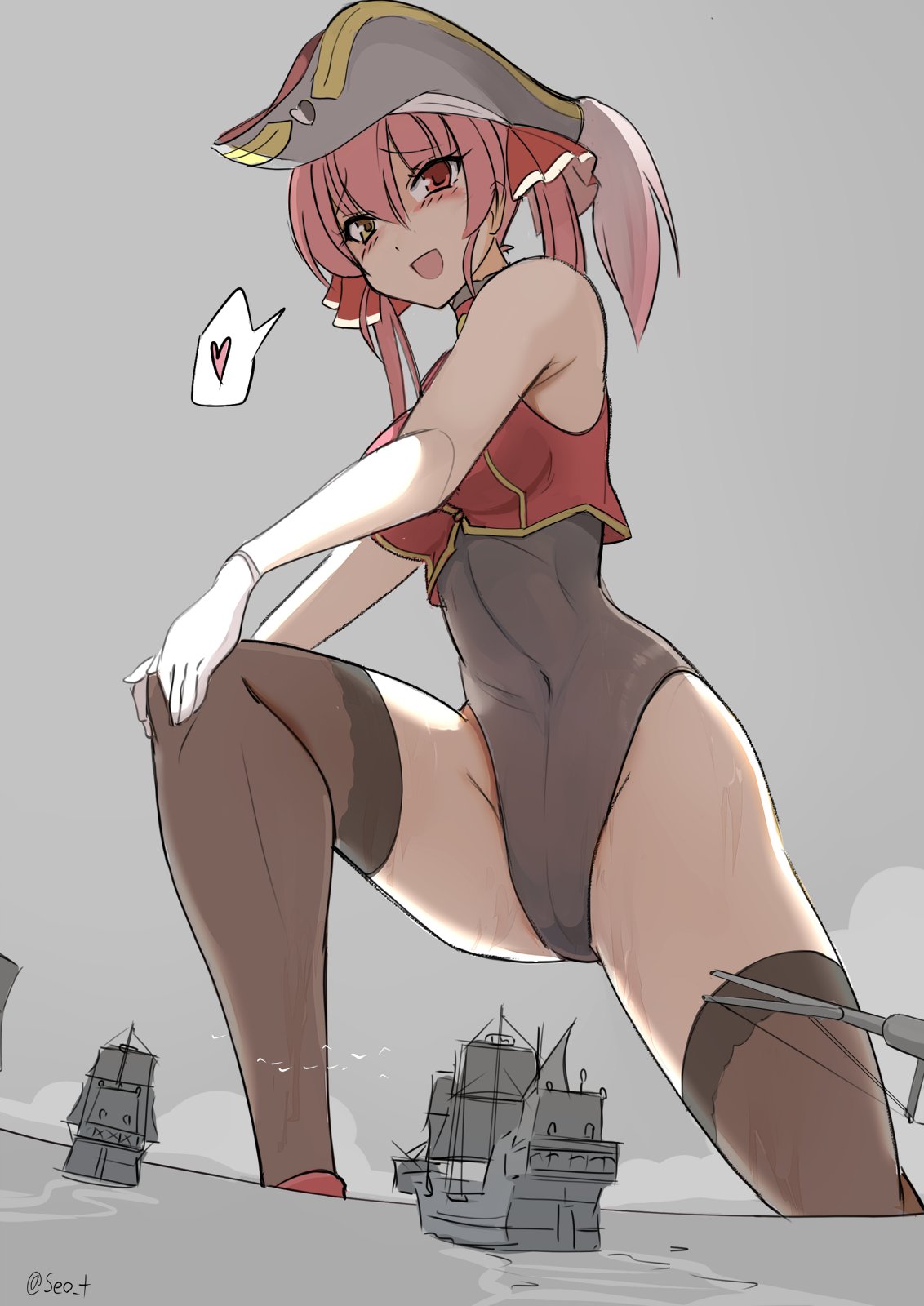 1girl adapted_costume blush breasts covered_navel giant giantess gloves hand_on_own_knee hat heart heterochromia highres hololive houshou_marine large_breasts leotard limited_palette long_hair open_mouth pirate_hat red_eyes redhead sailing_ship seo_tatsuya solo spoken_heart thigh-highs twintails white_gloves yellow_eyes