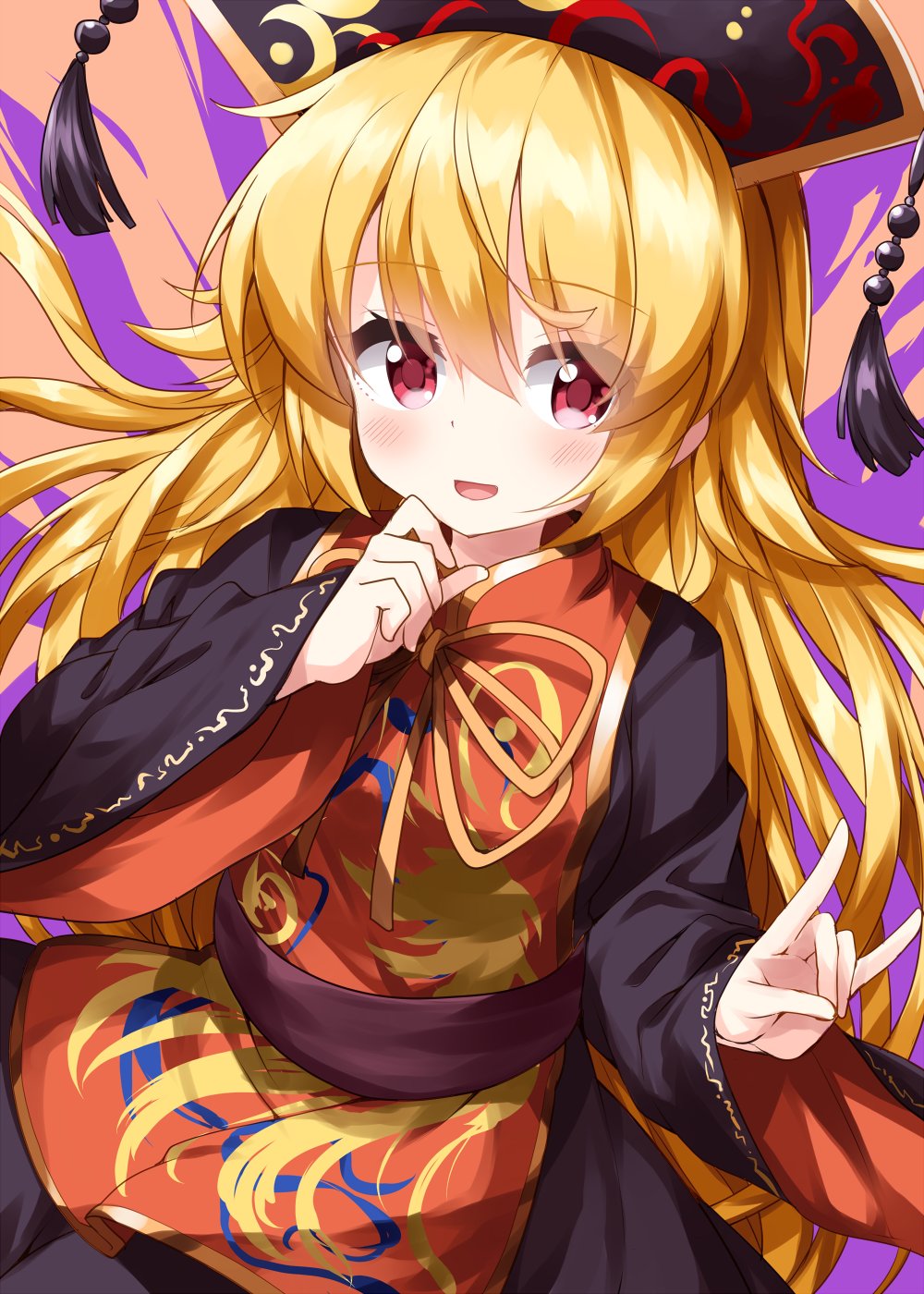 1girl animal_print bangs belt bird_print black_dress black_headwear blonde_hair blush bow bowtie breasts brown_belt chinese_clothes crescent dress energy eyebrows_visible_through_hair eyes_visible_through_hair hair_between_eyes hands_up hat highres junko_(touhou) long_hair long_sleeves looking_to_the_side medium_breasts one-hour_drawing_challenge open_mouth orange_background orange_bow orange_bowtie phoenix_crown phoenix_print pom_pom_(clothes) ruu_(tksymkw) simple_background smile solo tabard touhou wide_sleeves