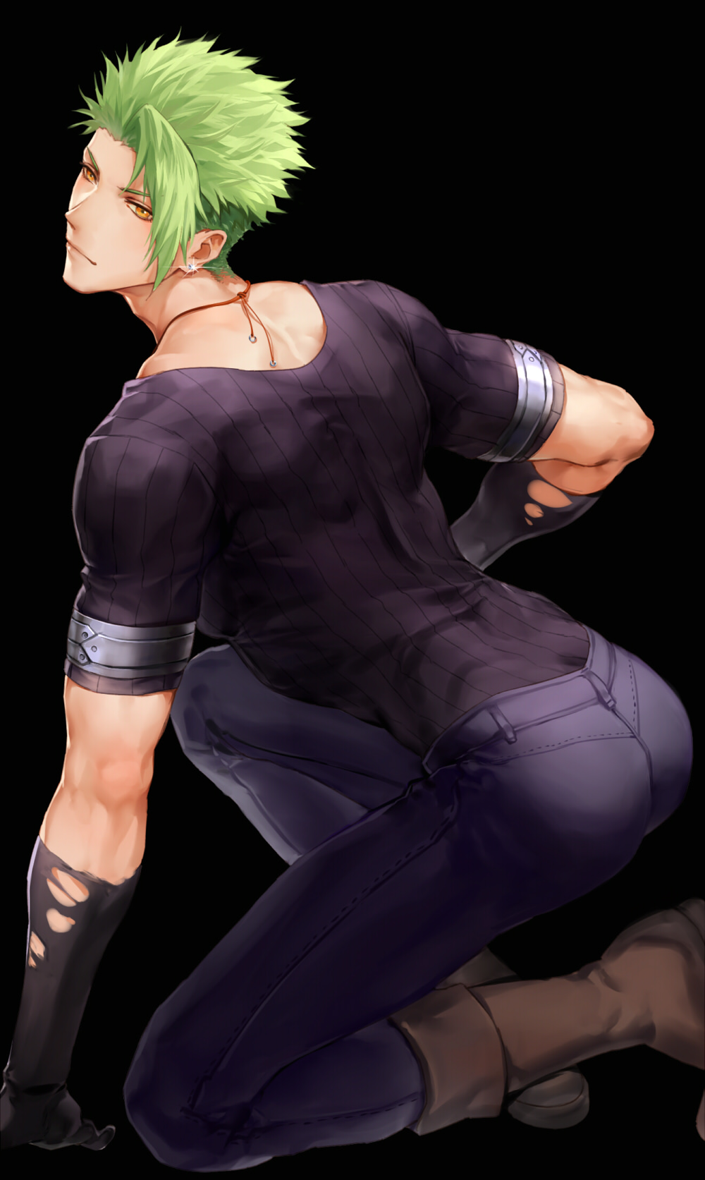 1boy achilles_(fate) ass black_gloves boots changye fate/apocrypha fate/grand_order fate_(series) gloves green_hair highres looking_back male_focus no_armor solo squatting torn_clothes torn_gloves undercut yellow_eyes