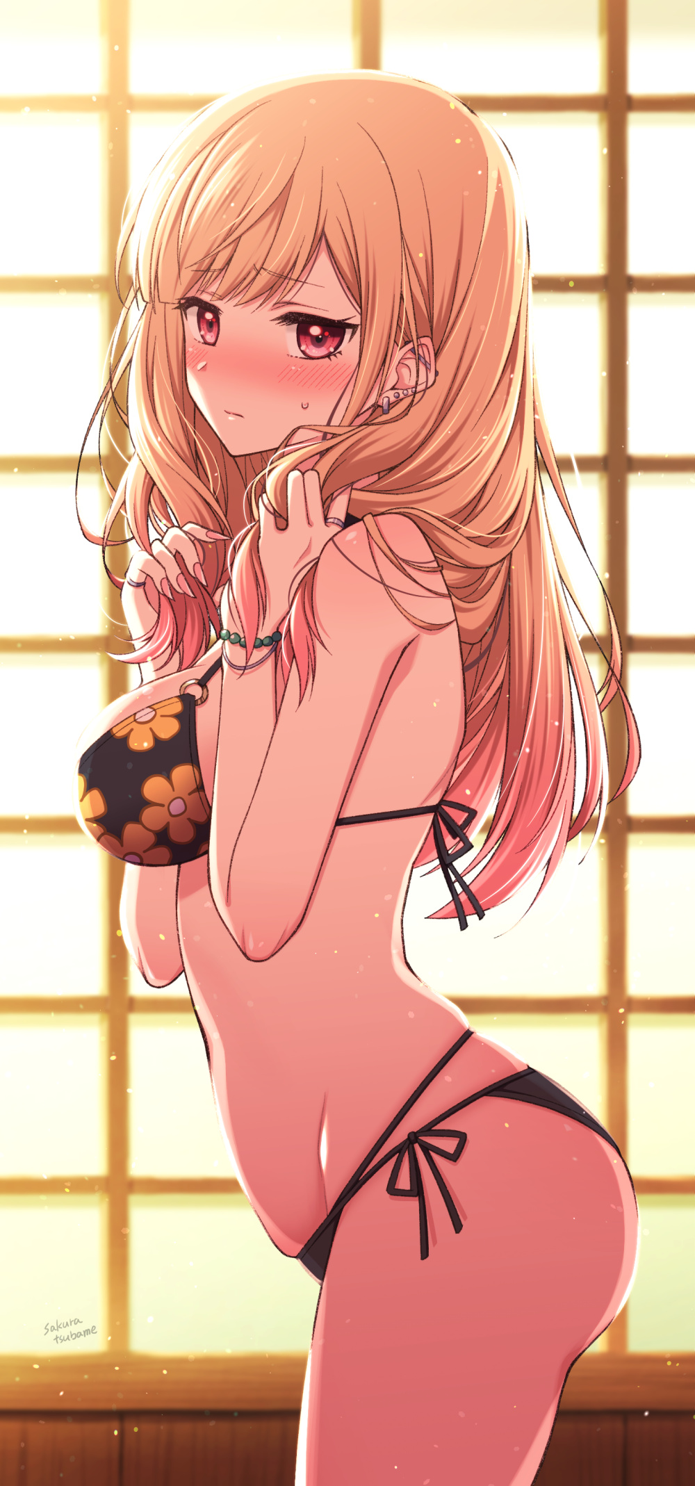 1girl bead_bracelet beads bikini black_bikini black_choker blonde_hair bracelet breasts choker commentary_request cowboy_shot ear_piercing earrings floral_print highres industrial_piercing jewelry kitagawa_marin large_breasts long_hair looking_at_viewer multi-strapped_bikini piercing print_bikini red_eyes sakura_tsubame side-tie_bikini solo sono_bisque_doll_wa_koi_wo_suru string_bikini swimsuit window