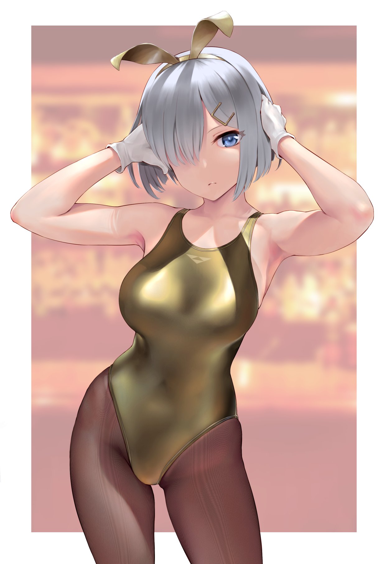 1girl alternate_costume arms_up bare_arms bare_shoulders blue_eyes blurry breasts commentary_request competition_swimsuit cowboy_shot gloves gold_swimsuit hair_ornament hair_over_one_eye hairclip hamakaze_(kancolle) highres kantai_collection large_breasts looking_at_viewer one-piece_swimsuit pantyhose shiny_swimsuit short_hair silver_hair solo swimsuit wa_(genryusui) white_gloves