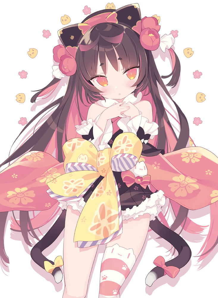 1girl animal_ear_legwear blade_(galaxist) blush bow cat_ear_legwear colored_inner_hair flower hair_flower hair_ornament hands_up long_hair looking_at_viewer multicolored_hair nekoyama_nae own_hands_together parted_lips pink_bow pink_flower red_eyes single_thighhigh solo tail tail_bow tail_ornament thigh-highs toranoana two_side_up yellow_bow
