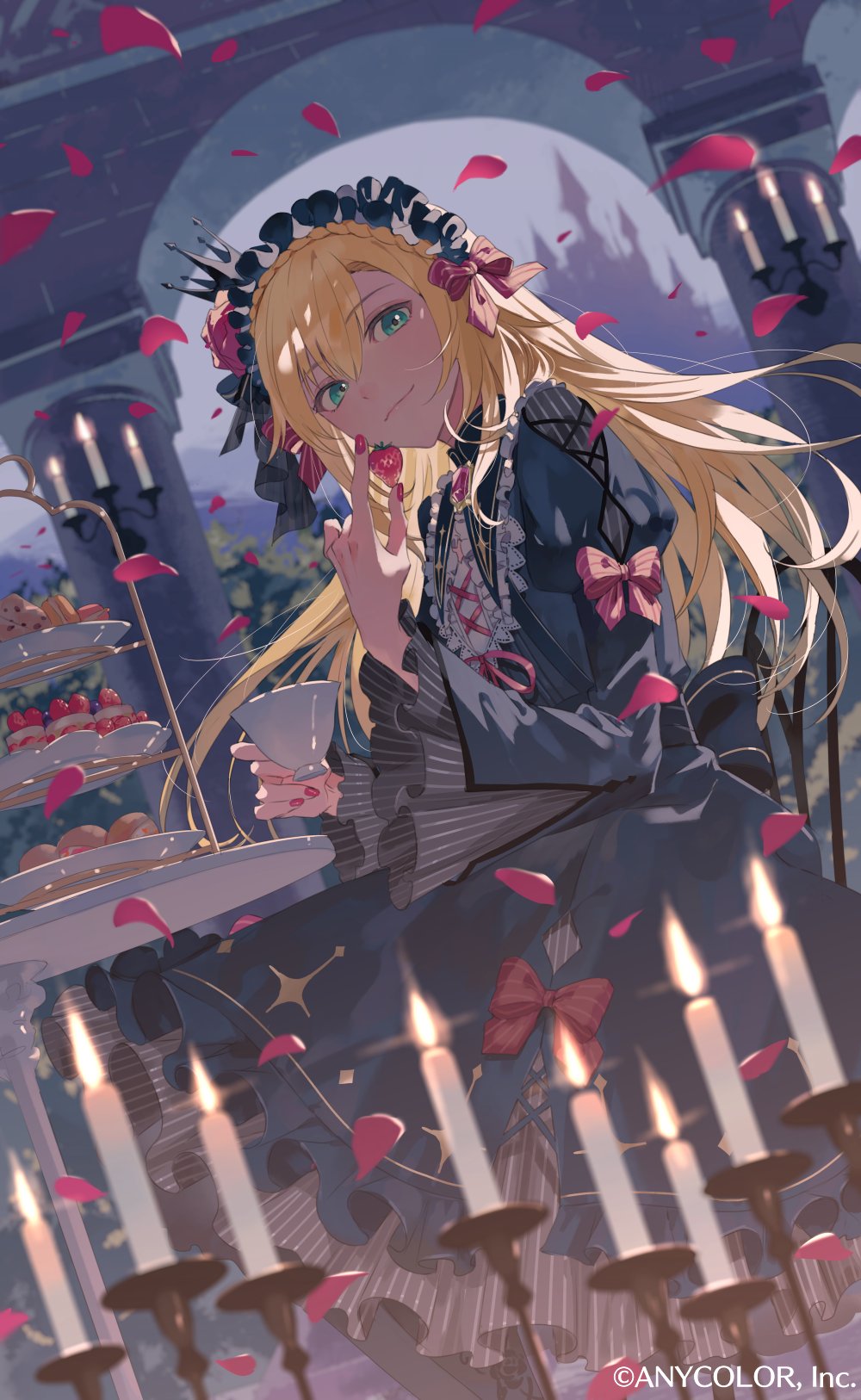 blonde_hair candle castle chair character_request copyright_request cup dress food frilled_dress frilled_hairband frills fruit gothic_lolita green_eyes hairband highres juliet_sleeves lolita_fashion long_hair long_sleeves petals puffy_sleeves red_nails rose_petals sitting strawberry teacup ugonba_(howatoro) virtual_youtuber wide_sleeves
