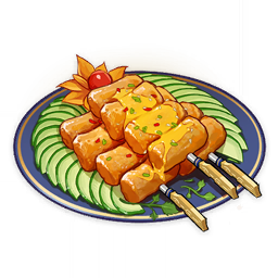 artist_request cherry_tomato commentary cucumber cucumber_slice english_commentary food food_focus genshin_impact lowres meat no_humans official_art plate sauce skewer still_life third-party_source tomato transparent_background