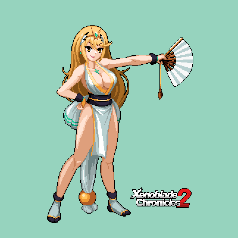 1girl 3reforged arm_guards bouncing_breasts breasts cosplay fatal_fury folding_fan hand_fan large_breasts mythra_(xenoblade) ninja pelvic_curtain pixel_art revealing_clothes shiranui_mai shiranui_mai_(cosplay) the_king_of_fighters xenoblade_chronicles_(series) xenoblade_chronicles_2