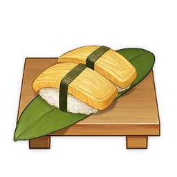 artist_request commentary cutting_board english_commentary food food_focus genshin_impact leaf lowres no_humans official_art omelet rice still_life sushi tamagoyaki third-party_source transparent_background