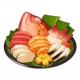 artist_request commentary english_commentary fish fish_(food) food food_focus genshin_impact leaf lowres no_humans official_art plate sashimi shrimp still_life third-party_source transparent_background